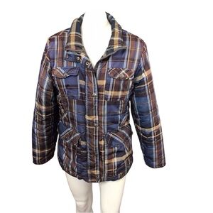 Dollhouse Blue and Brown Puffer Jacket with Classic Plaid Design size XL